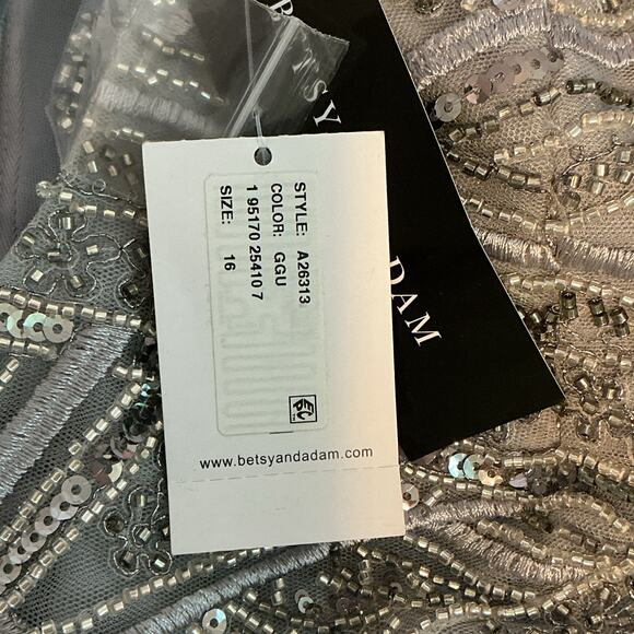 Betsy & Adam Metallic Beaded Chiffon Long Evening Gown Grey Women Size 16 NWT - Picture 9 of 13